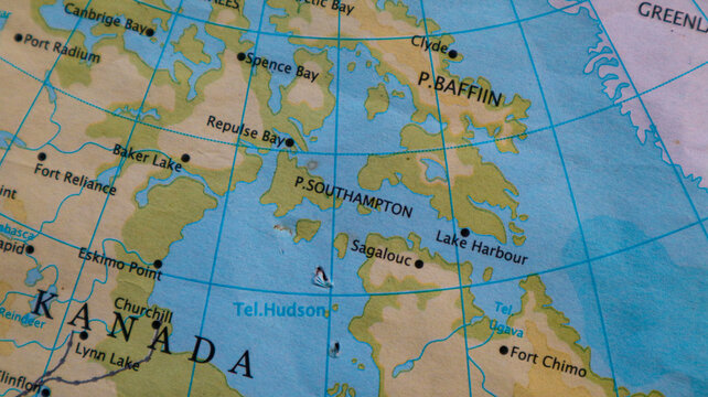 Map of Hudson Bay in northeastern Canada which is connected to the Atlantic and Arctic Oceans