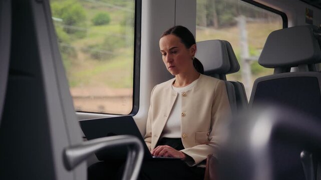 A focused businesswoman works on her laptop and then switches to her smartphone while commuting on a modern train. She is sitting by the window.