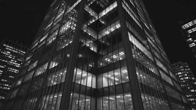 Low-angle grayscale view of a lit skyscraper at night with vapor drifting near its base, creating an atmospheric effect.