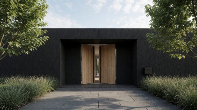 Modern architectural entrance featuring a sleek black facade and wooden double doors surrounded by greenery under a bright sky