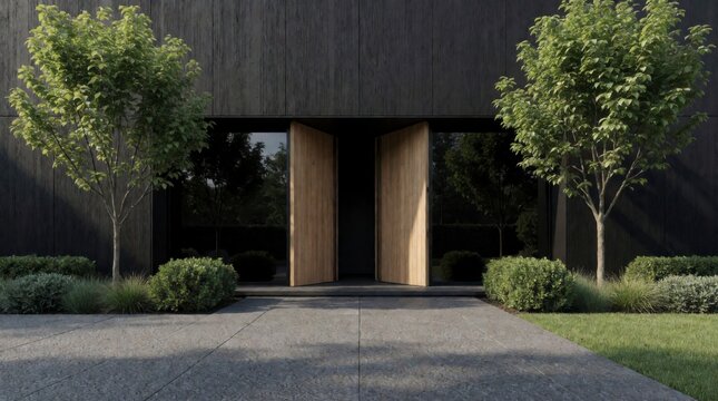 Modern architectural entrance with open wooden doors framed by greenery and a stone pathway
