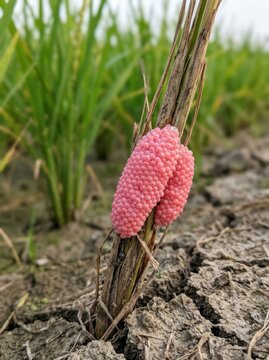 Close-up of vibrant pink snail eggs attached to a dry plant stem in a rice field.