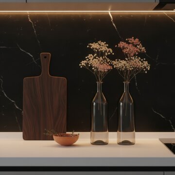 Elegant kitchen countertop with wooden cutting board and glass vases holding dried flowers against a dark marble backdrop
