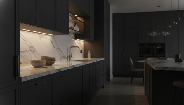 Modern dark kitchen interior with marble countertops and ambient lighting