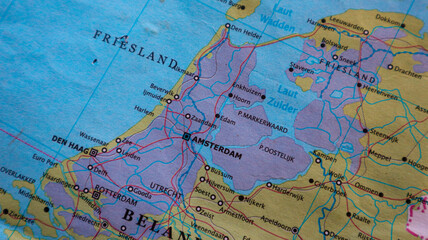 Obraz premium Map of the Netherlands with capital Amsterdam highlighted, close up geographic or political map illustration.