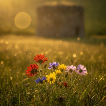 Colorful wildflowers blooming in a sunlit meadow with a blurred stone structure in the background