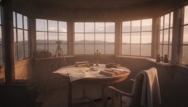 Cozy study room with a round table, maps, and a chair, illuminated by warm sunset light through large windows overlooking a scenic landscape