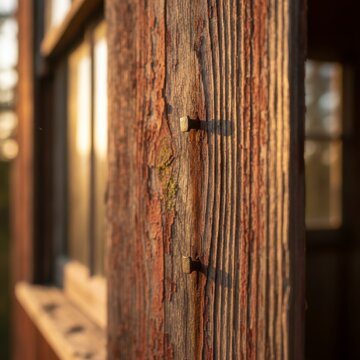 Close-up of Weathered Wooden Wall with Nails and Natural Light in Rustic Cabin Setting