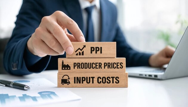 Businessman in blue suit analyzing producer price index and input costs on wooden blocks on office desk with laptop and documents