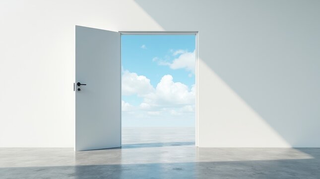 Open Door Leading to a Bright Sky with Clouds in a Minimalist Interior Setting