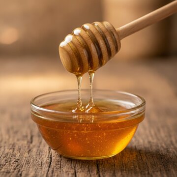 Golden honey dripping from a wooden dipper into a glass bowl on a rustic wooden surface with warm lighting