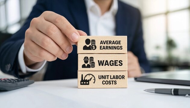 Businessman placing wooden block with average earnings icon and text on office desk with calculator and pen  financial concepts  economics  business strategy