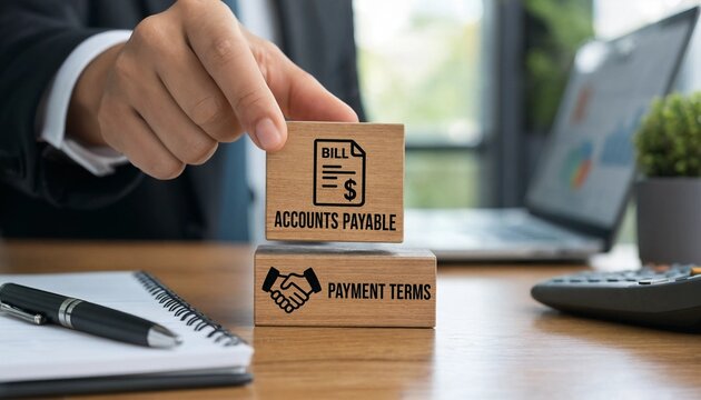 Businessman placing wooden block with bill and accounts payable on office desk with notebook and laptop in background  office supplies and financial concepts