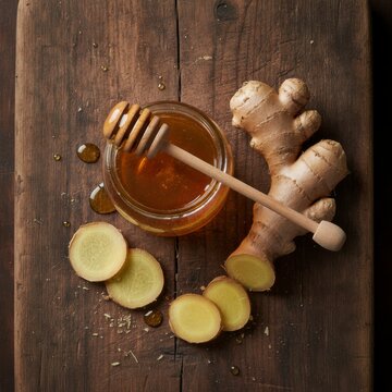 Fresh ginger root slices arranged around a jar of honey with a wooden honey dipper on a rustic wooden table