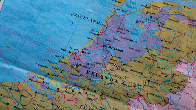 Map of the Netherlands with capital Amsterdam highlighted, close up geographic or political map illustration.