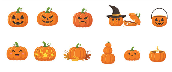 Naklejka premium Halloween pumpkin character set jack o' lanterns decorations and festive designs
