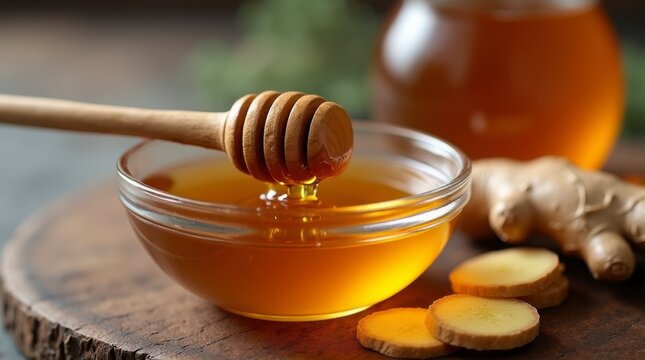 Honey dripping from a wooden dipper into a glass bowl, surrounded by fresh ginger slices and a jar of honey, set on a rustic wooden surface
