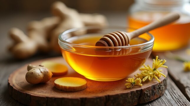 Honey in a glass bowl with a wooden dipper surrounded by fresh ginger and yellow flowers on a rustic wooden table