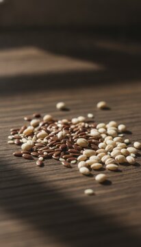 Close-up of a pile of mixed seeds including brown and white varieties on a wooden surface with soft natural lighting