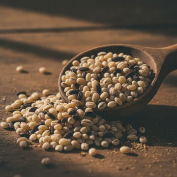 Wooden Spoon Filled with Various Seeds on Rustic Wooden Surface with Natural Light