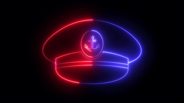 Glowing neon Captain hat icon isolated on black background. maritime accessory, Uniform Cap Symbols, Nautical Headwear and nautical theme element. 4K Video animation.