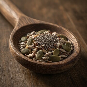 Close-up of a wooden spoon filled with a variety of seeds including chia, pumpkin, and sesame on a rustic wooden surface