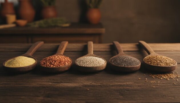 Five wooden spoons filled with various spices arranged on a rustic wooden table in a warm, inviting kitchen setting