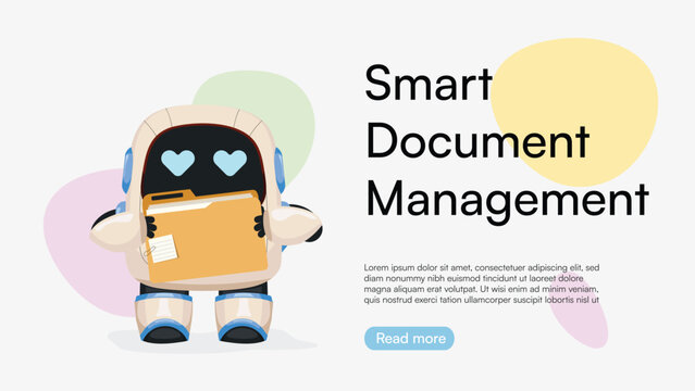 Cute AI robot with documents vector illustration for smart document management website and app interface