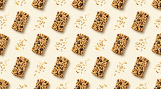 Seamless pattern of healthy oat granola bars with nuts and dried berries on a light beige background