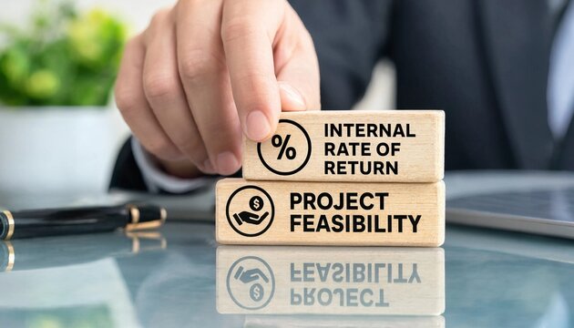 Businessman placing wooden block with internal rate of return concept on desk with project feasibility and feasibility study for investment analysis and financial planning
