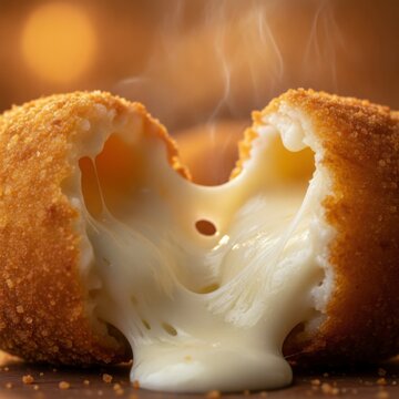 Golden Fried Cheese Ball with Stretchy Melted Cheese Filling on a Warm Background