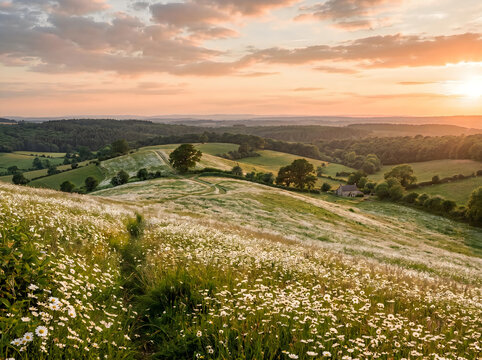 Sunset over rolling hills with wildflowers