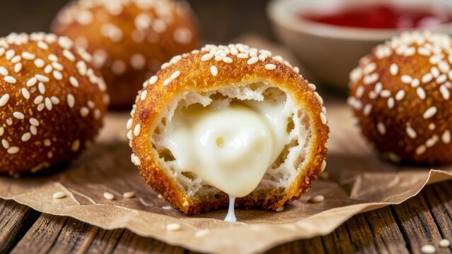 Golden Brown Cheese Balls with Melting Cheese Filling on Rustic Wooden Table with Ketchup