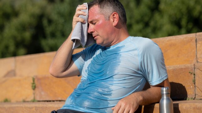 Exhausted man wiping sweat from his forehead while sitting on a bench in a sunny outdoor setting