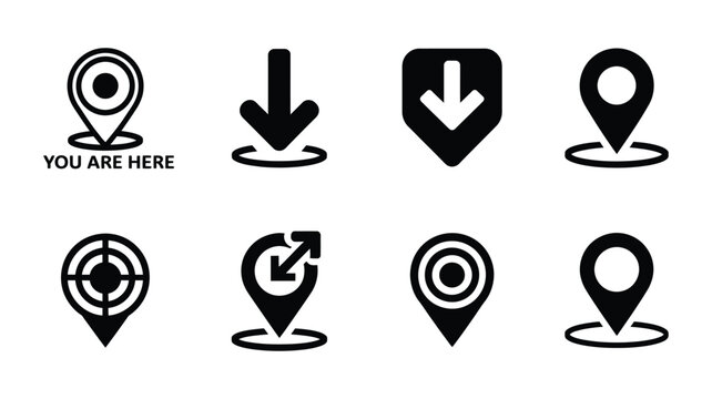 You are here pinpoint icons featuring bold map location markers, navigation symbols, destination pins, and waypoint silhouettes for mapping and travel design.