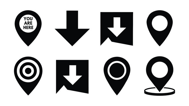 You are here pinpoint icons featuring bold map location markers, navigation symbols, destination pins, and waypoint silhouettes for mapping and travel design.