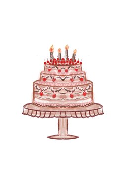 A blackforest cake with plenty of cherries, the artwork features playful,childlike sketch lines with a textured pencil