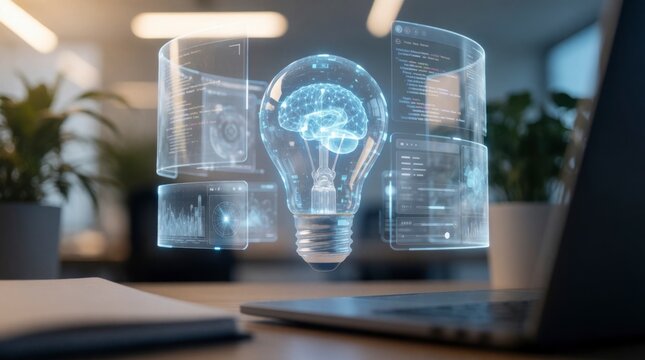 Illuminated light bulb with digital brain hologram above laptop in modern office setting