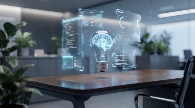 Futuristic holographic interface displaying data above a modern office desk with plants in a contemporary workspace