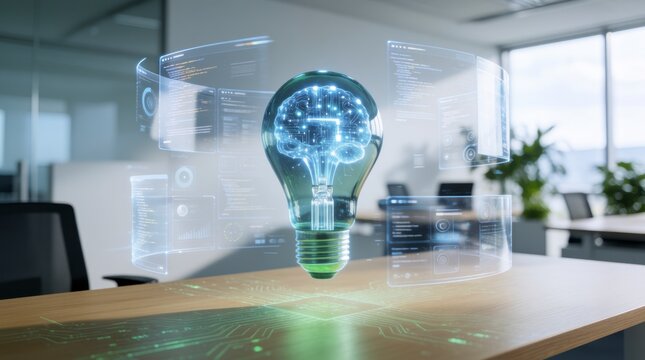 Futuristic holographic light bulb with digital brain design floating above a modern office desk