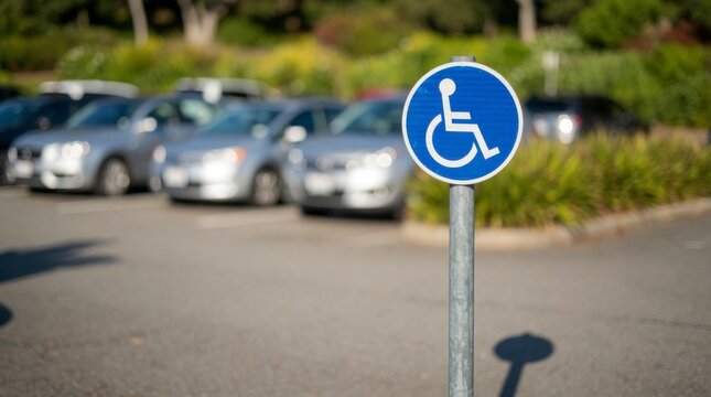 Blue handicap parking sign in focus with blurred cars in the background in a sunny outdoor setting