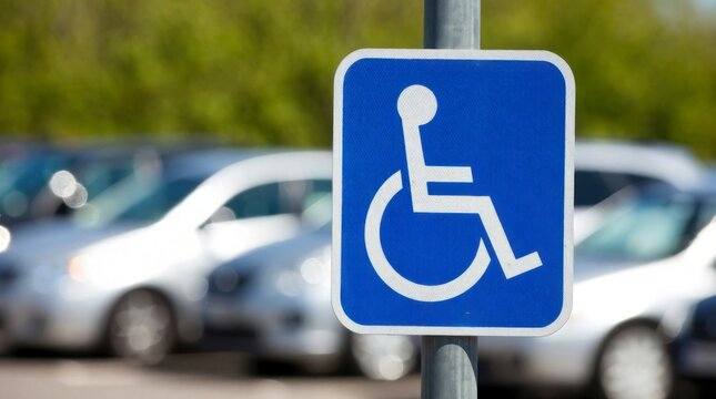 Handicap Parking Sign with Clear Blue Background and Cars in the Background