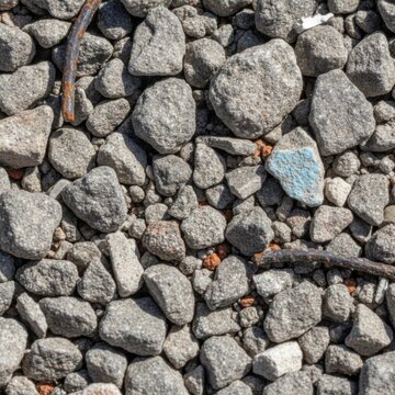Close-up of Various Sized Gravel Stones with a Hint of Blue Pebble and Twigs on the Ground