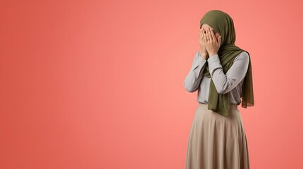 Fototapeta premium Pensive woman crossing her arms standing on a solid pink backdrop