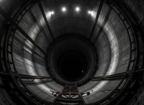 Looking Down a Dark Industrial Shaft with Metal Ladder and Dim Lights in a Concrete Structure