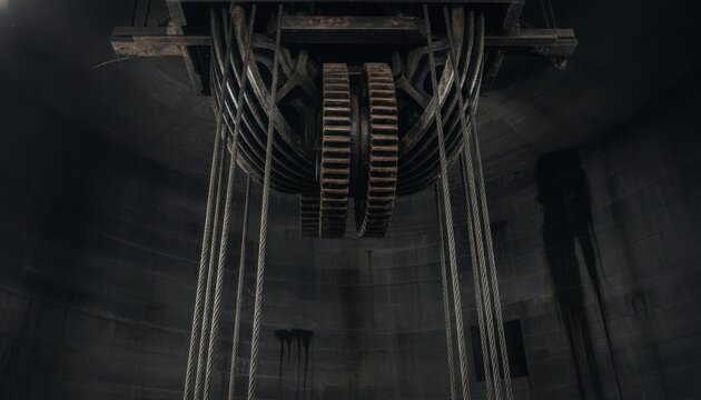 Industrial machinery with large gears and cables suspended in a dark, cylindrical space