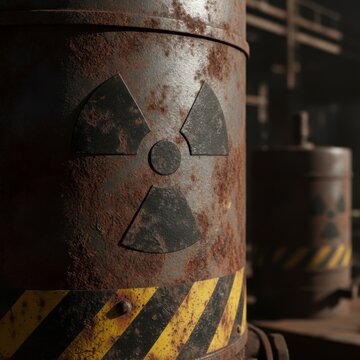 Close-up of a Rusty Nuclear Waste Barrel with Warning Symbol in an Industrial Setting