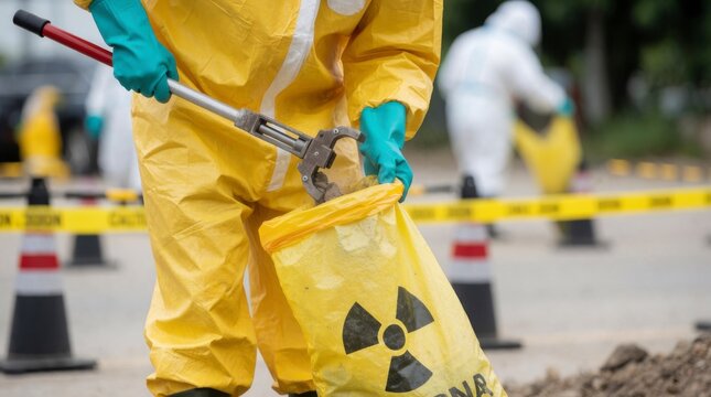 Worker in Protective Gear Collecting Hazardous Waste in Yellow Bag at Contaminated Site with Caution Tape