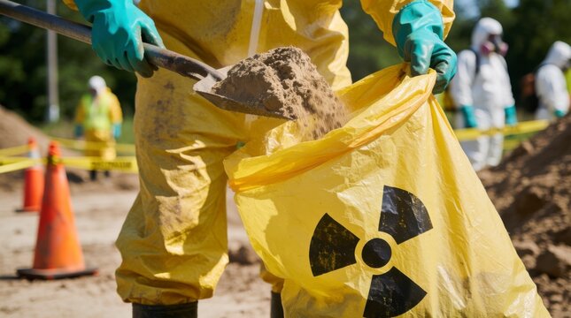 Worker in Yellow Hazmat Suit Collecting Contaminated Soil in Radioactive Waste Bag at Environmental Cleanup Site