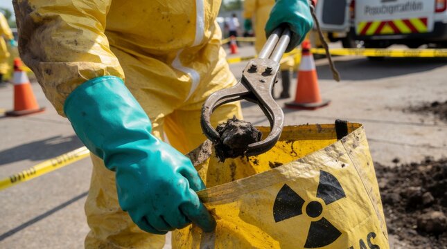 Worker in Protective Gear Handling Hazardous Material with Tongs at a Contaminated Site